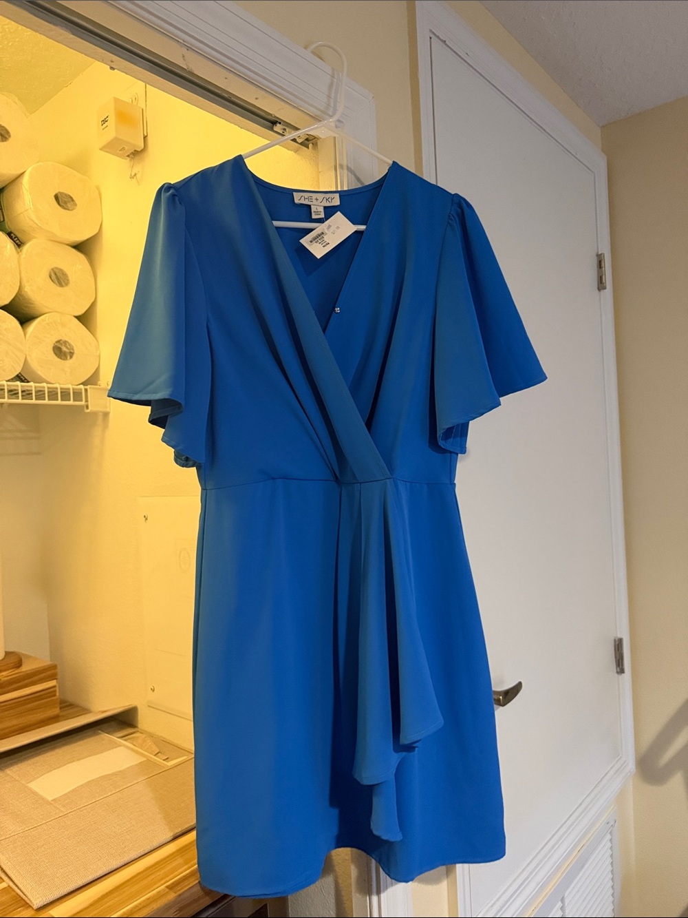 Cobalt Blue Wrap-Front Flutter Sleeve Mini Dress